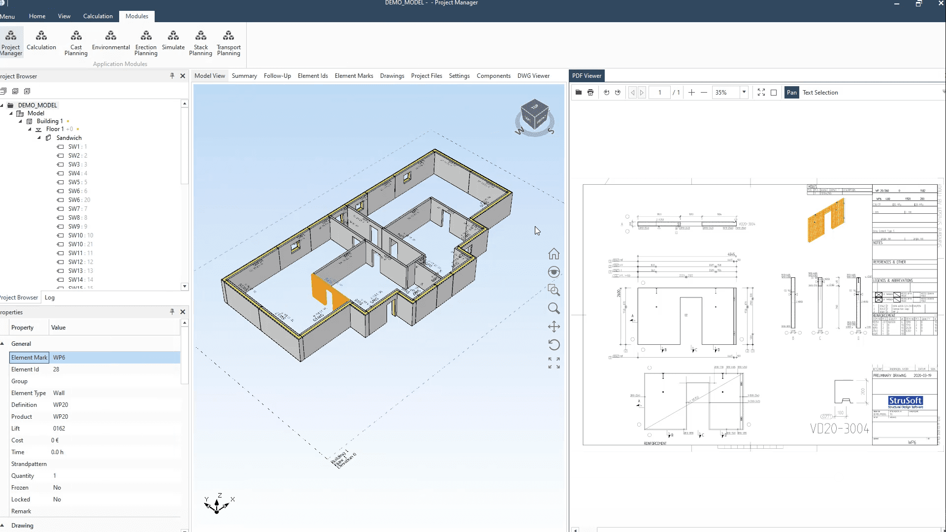 Precast Wall Design - automatic shop drawing generated from the 3D model