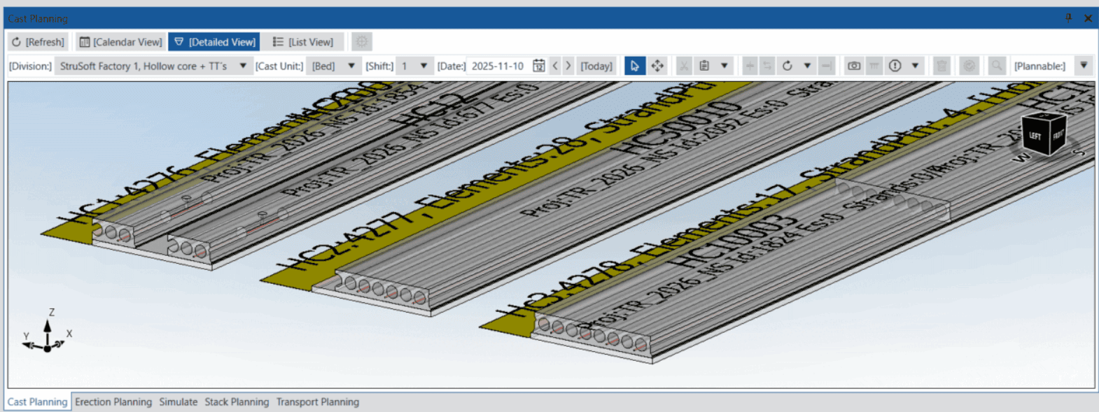 3D cast planning of hollowcore slabs on production beds